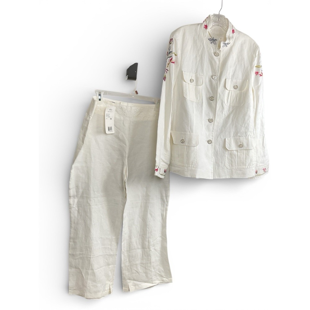ESCADA 2PC Linen Set Long Safari Jacket + Pants Ivory White Embroidered EU 42 -L - Picture 9 of 16